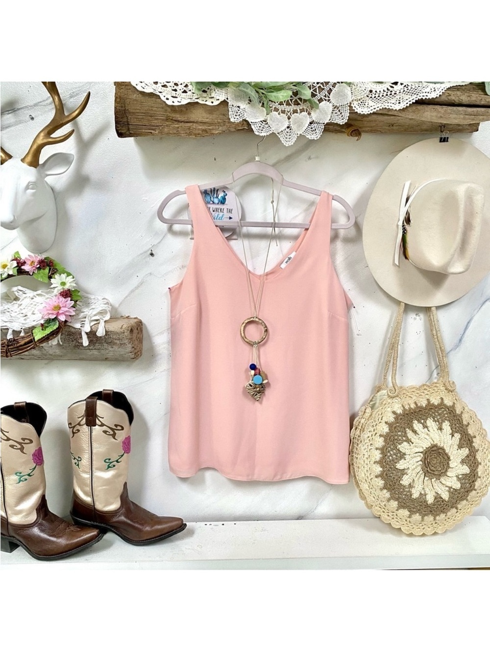 Soft Coral boho double layered sleeveless blouse or camisole w shabby chic vibe